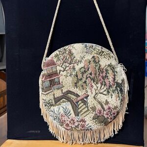 Jean Betancourt New York Tapestry Round‎ Crossbody Bag Fringe Pagoda Landscape